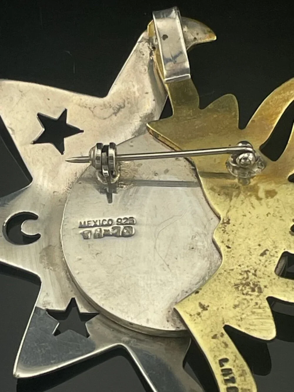 Vintage Mexico 925 Sterling Silver & Brass Celestial Sun Moon Brooch Pin Artisan